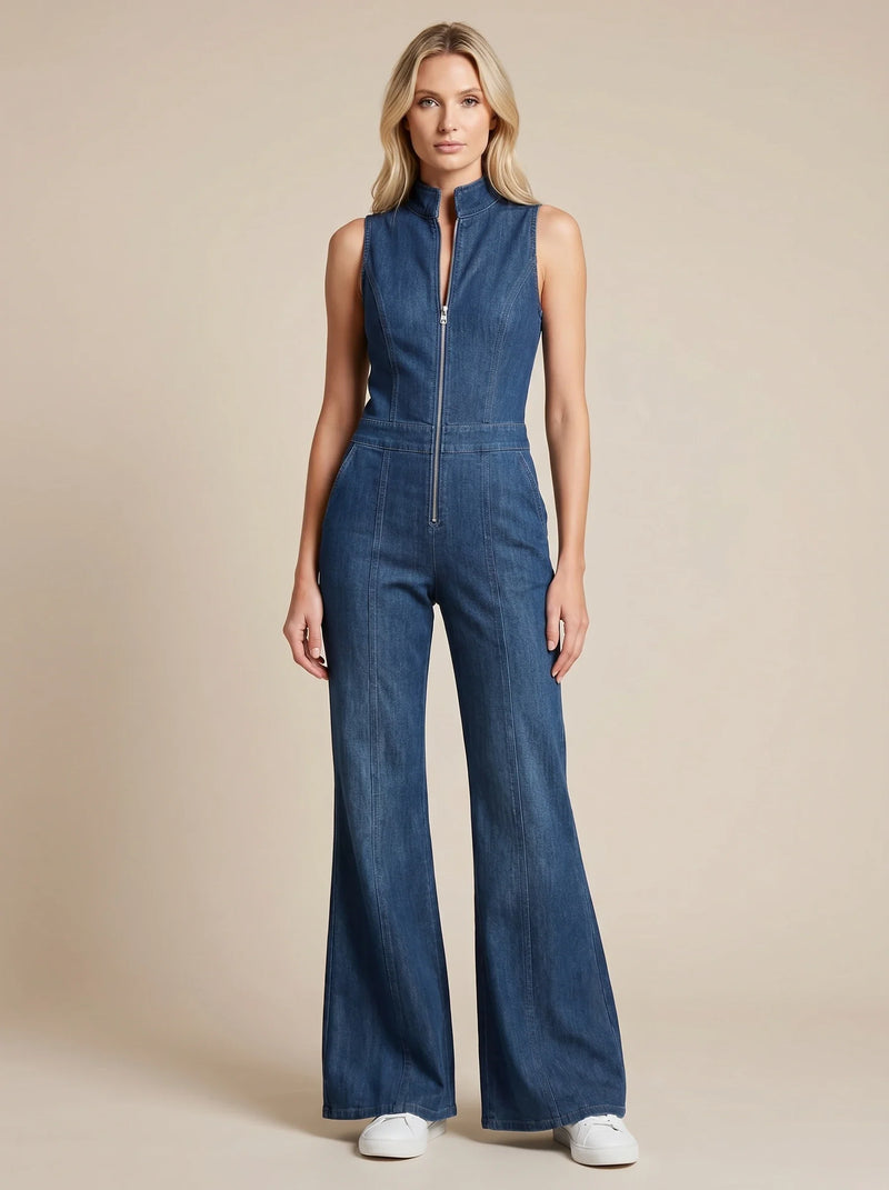Damen Ärmelloser Jeans Jumpsuit mit Reißverschluss und Ausgestellten Beinen
