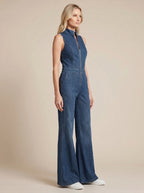 Damen Ärmelloser Jeans Jumpsuit mit Reißverschluss und Ausgestellten Beinen – Ansicht 2