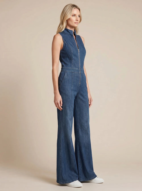 Damen Ärmelloser Jeans Jumpsuit mit Reißverschluss und Ausgestellten Beinen – Ansicht 2