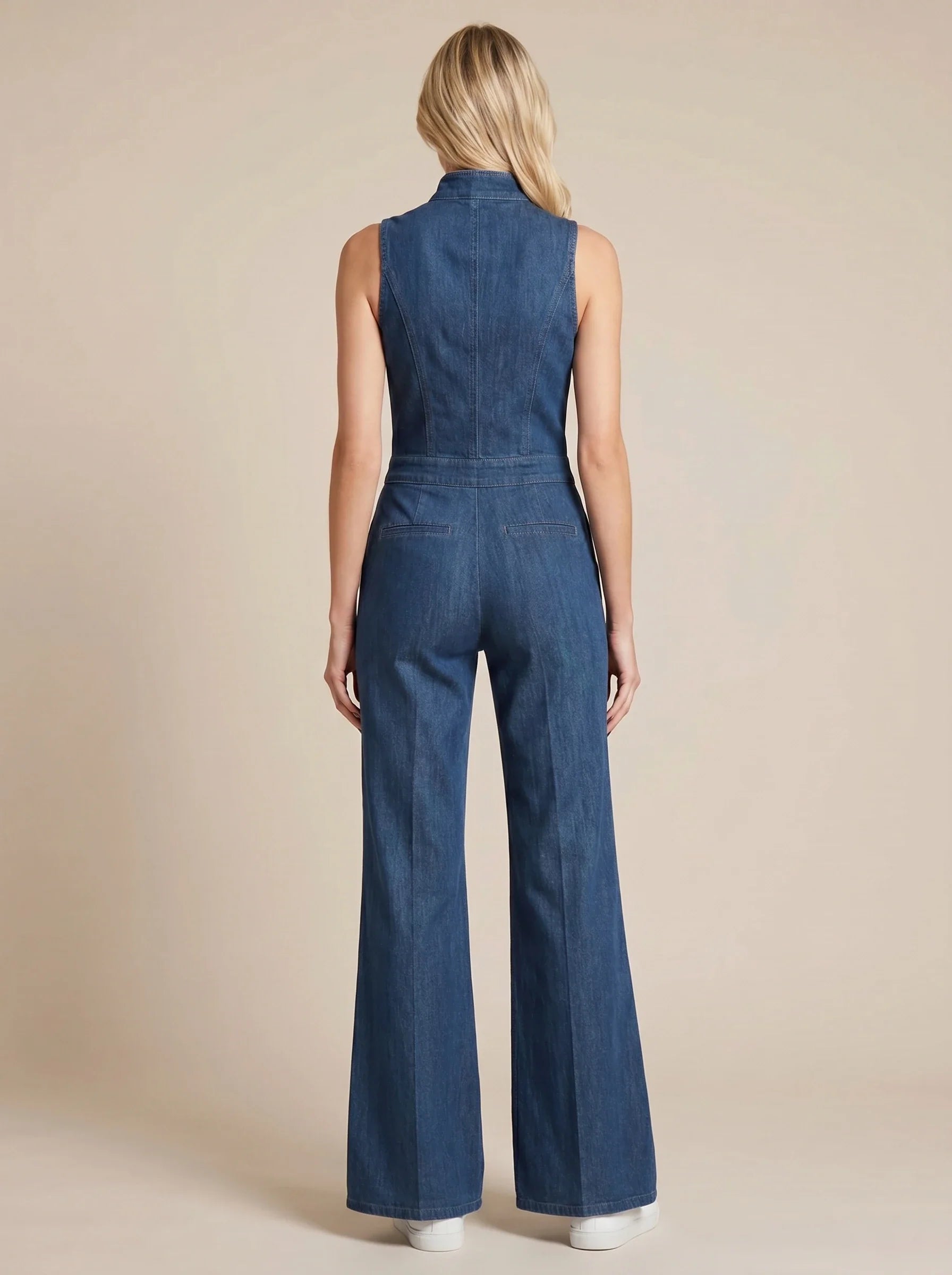 Damen Ärmelloser Jeans Jumpsuit mit Reißverschluss und Ausgestellten Beinen – Ansicht 3
