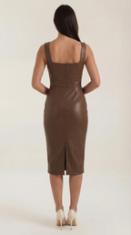 Damen Bodycon Midikleid aus Kunstleder mit Eckigem Ausschnitt