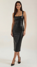 Damen Bodycon Midikleid aus Kunstleder mit Eckigem Ausschnitt
