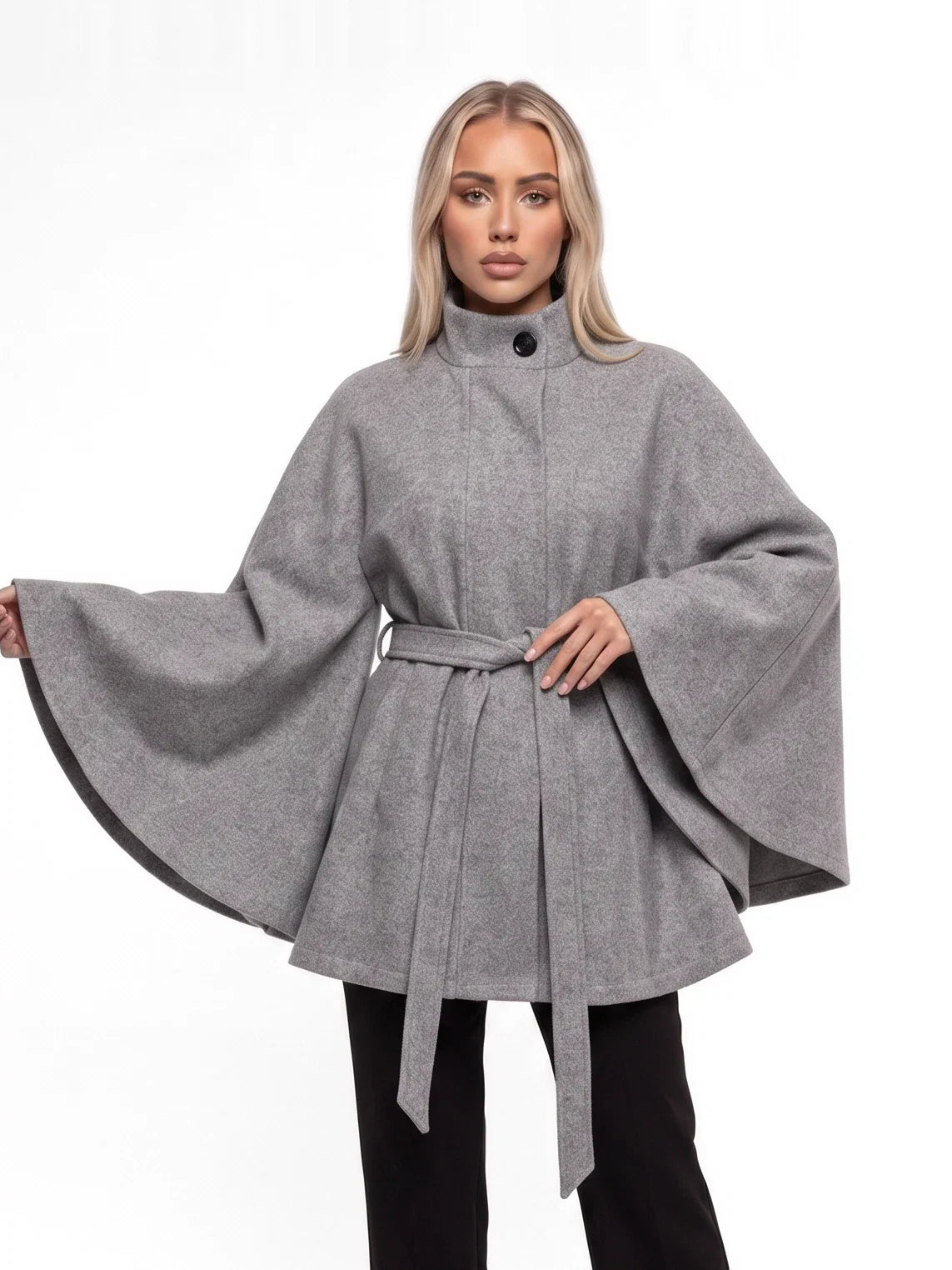 Damen Cape mit Bindegürtel und Stehkragen