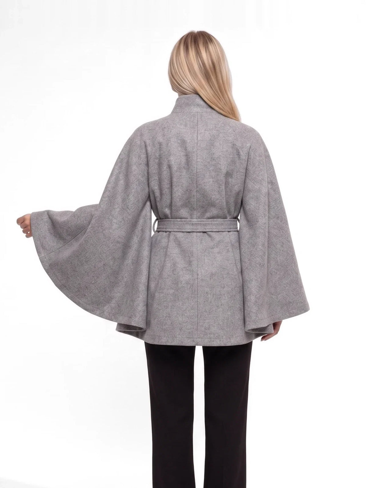 Damen Cape mit Bindegürtel und Stehkragen – Ansicht 2