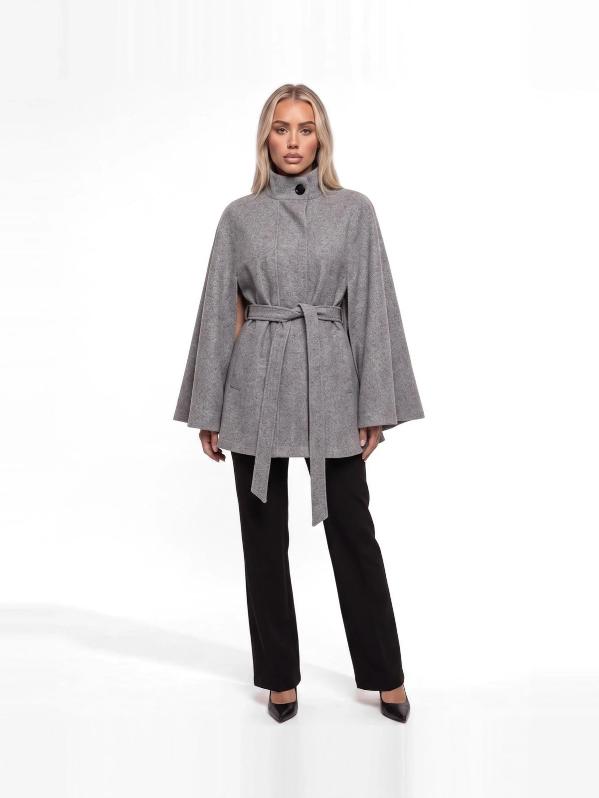 Damen Cape mit Bindegürtel und Stehkragen – Ansicht 3