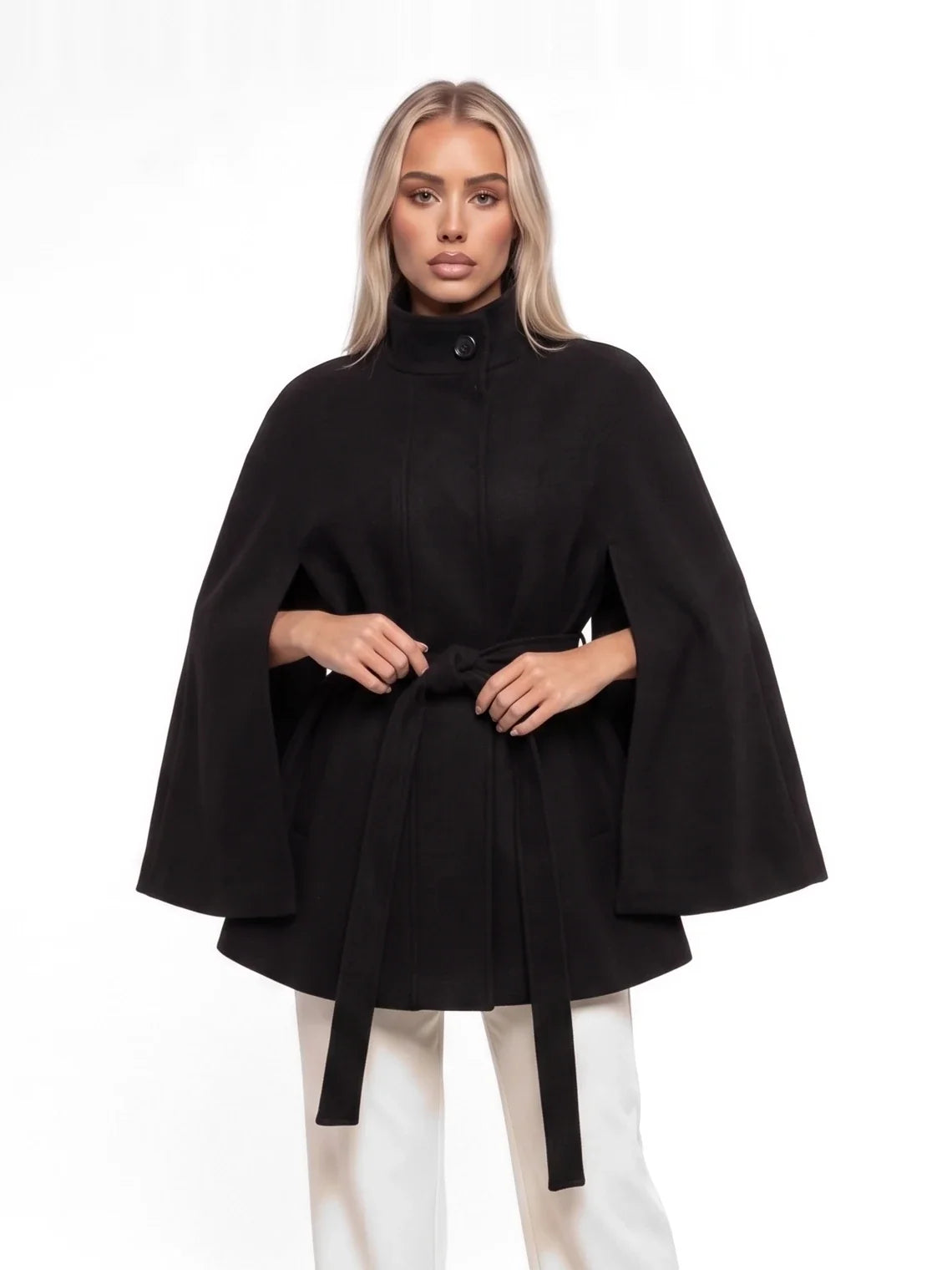 Damen Cape mit Bindegürtel und Stehkragen – Ansicht 7