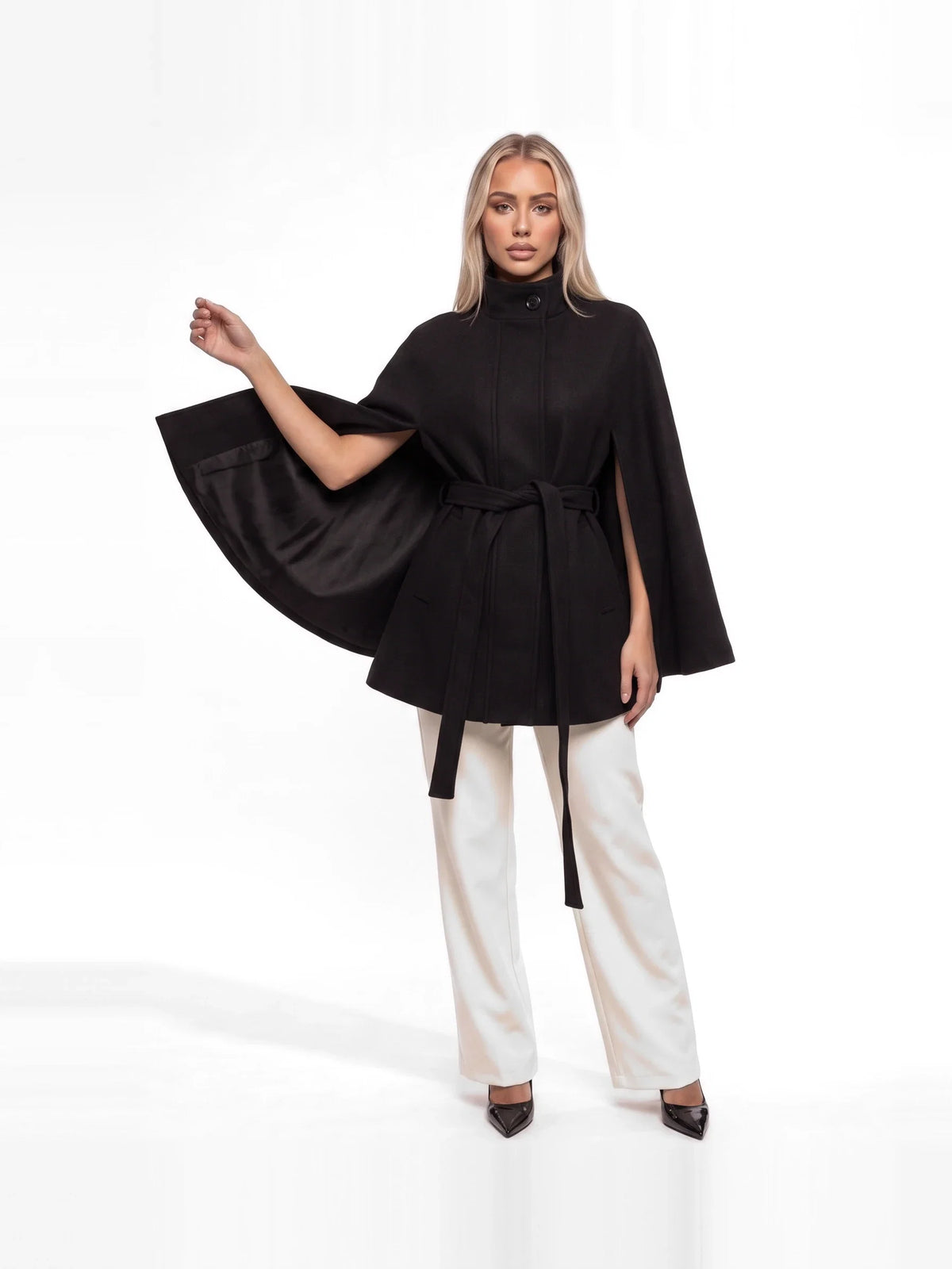 Damen Cape mit Bindegürtel und Stehkragen – Ansicht 9