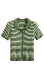 Damen Gestreiftes Polo-Top mit Kurzem Schnitt und Knopfleiste