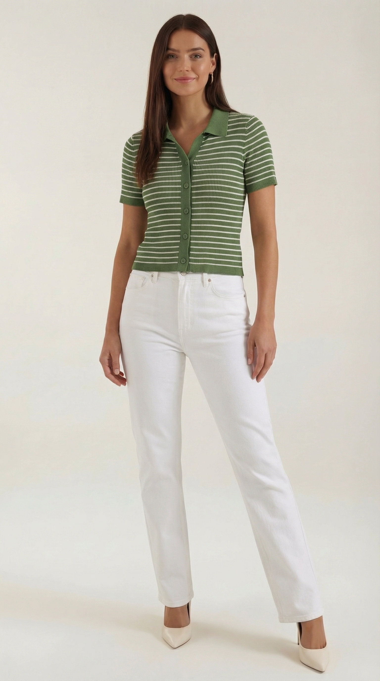 Damen Gestreiftes Polo-Top mit Kurzem Schnitt und Knopfleiste