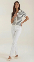Damen Gestreiftes Polo-Top mit Kurzem Schnitt und Knopfleiste