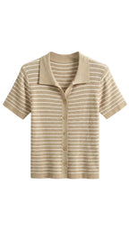 Damen Gestreiftes Polo-Top mit Kurzem Schnitt und Knopfleiste