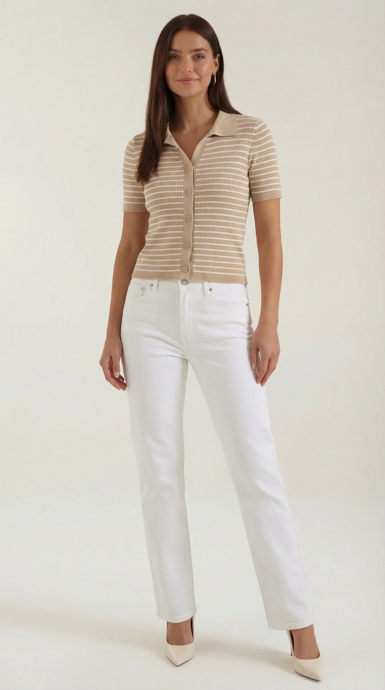 Damen Gestreiftes Polo-Top mit Kurzem Schnitt und Knopfleiste