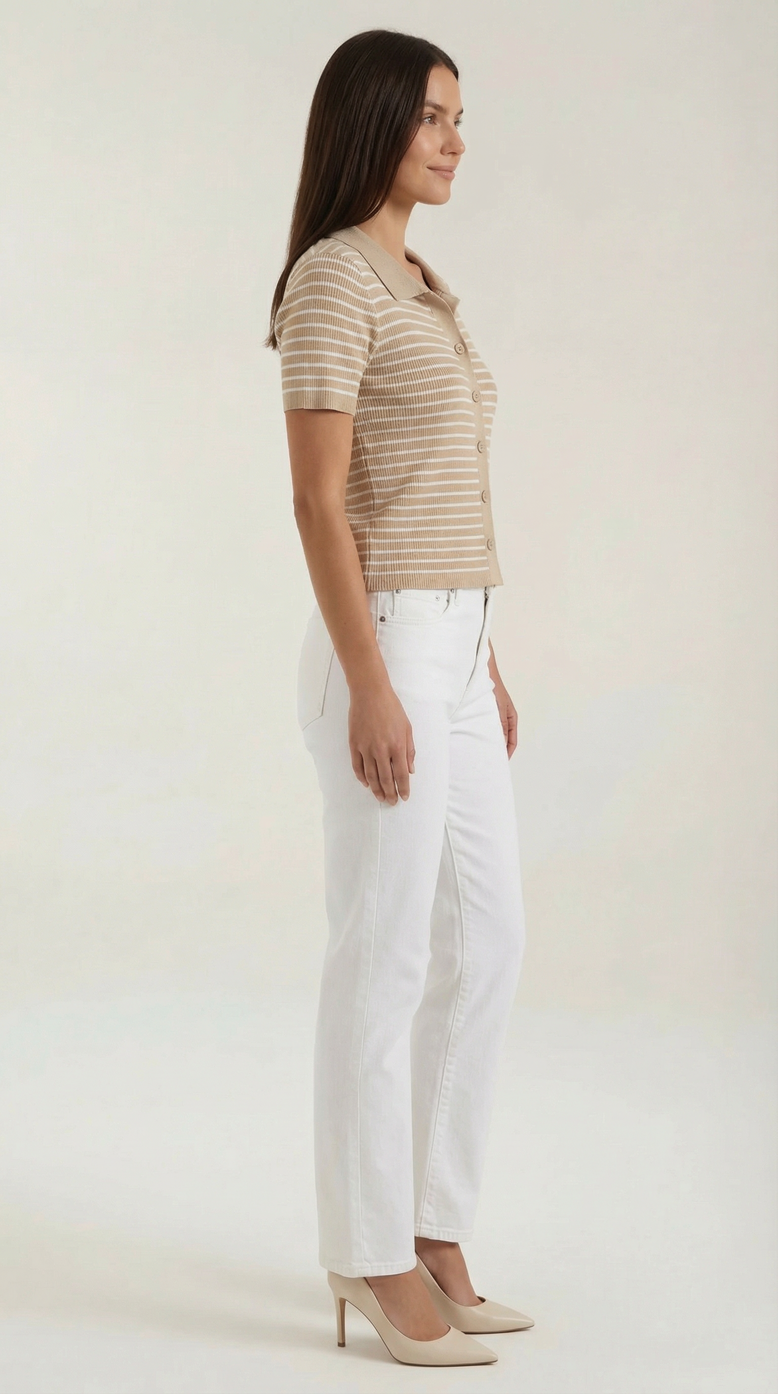Damen Gestreiftes Polo-Top mit Kurzem Schnitt und Knopfleiste