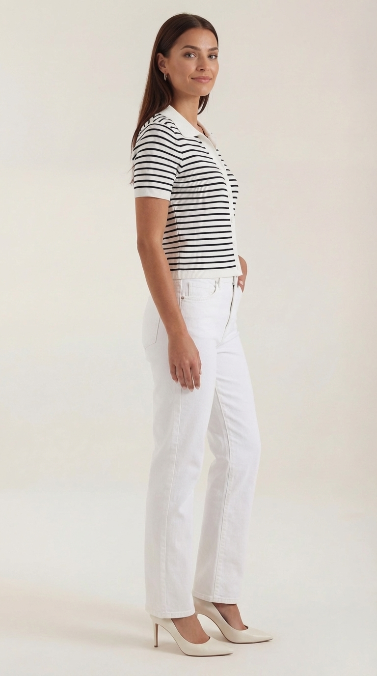 Damen Gestreiftes Polo-Top mit Kurzem Schnitt und Knopfleiste