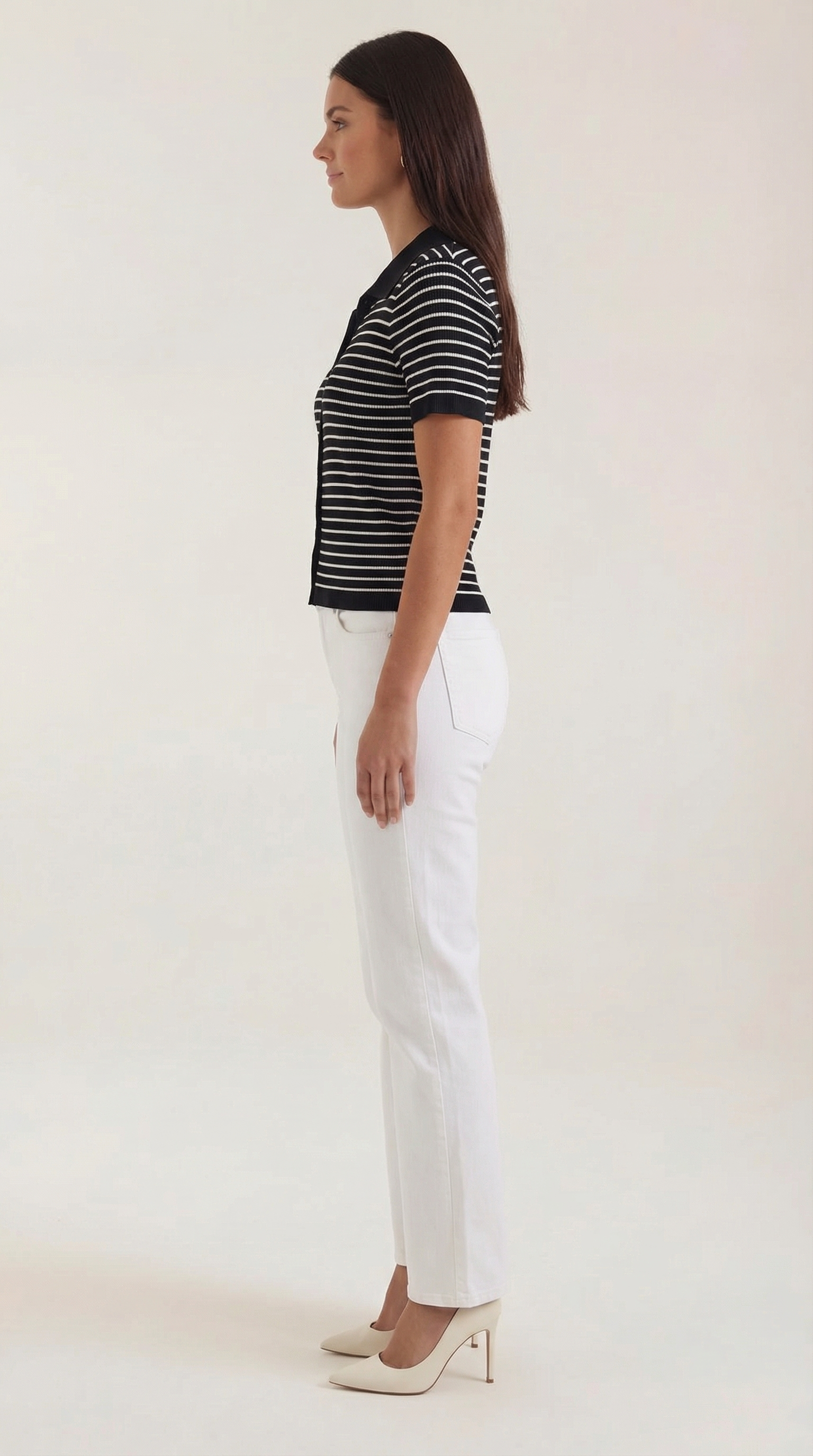 Damen Gestreiftes Polo-Top mit Kurzem Schnitt und Knopfleiste