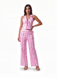 Damen Gestreiftes Set mit Geschnürtem Top und Weiter Hose