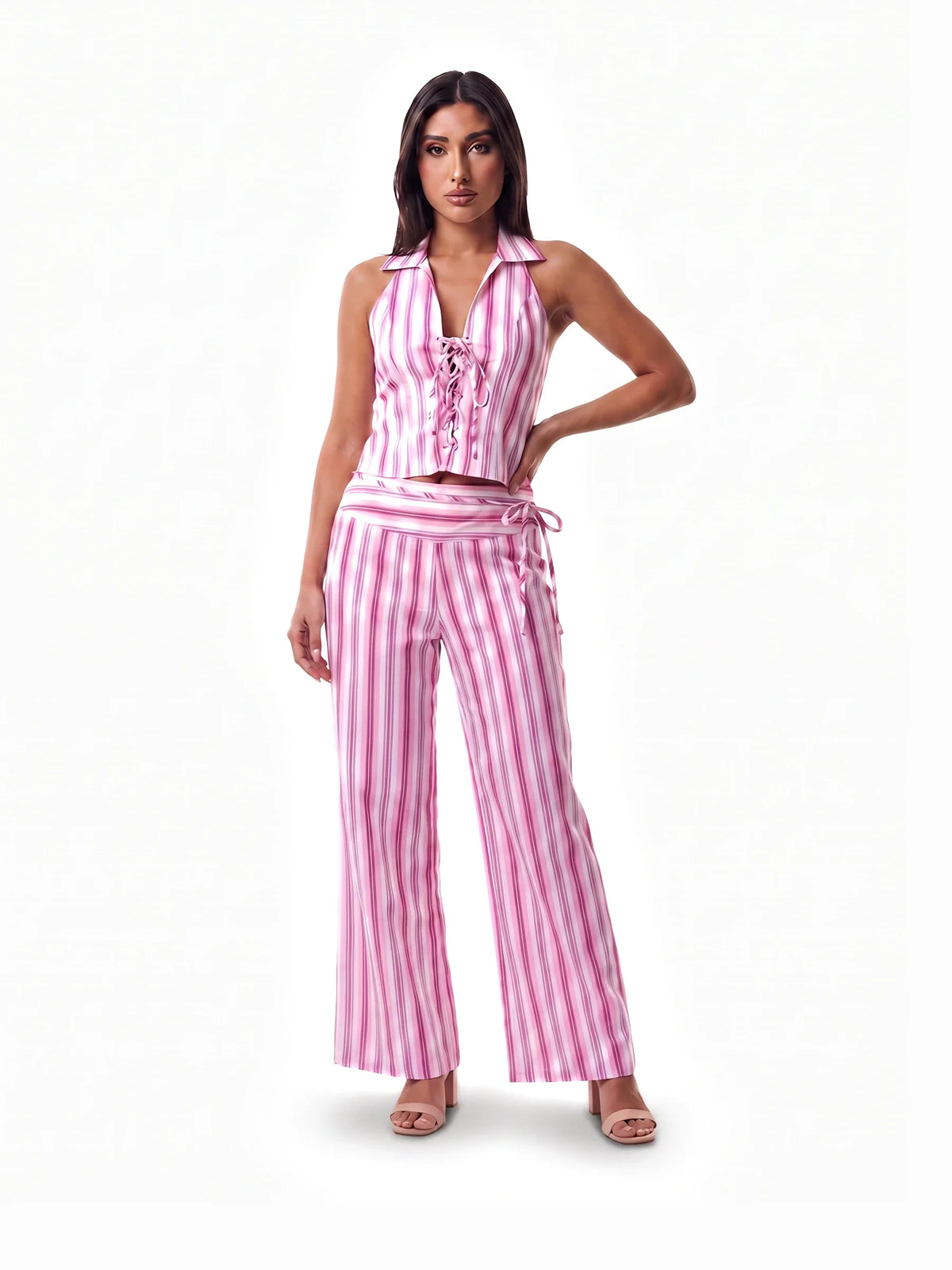 Damen Gestreiftes Set mit Geschnürtem Top und Weiter Hose
