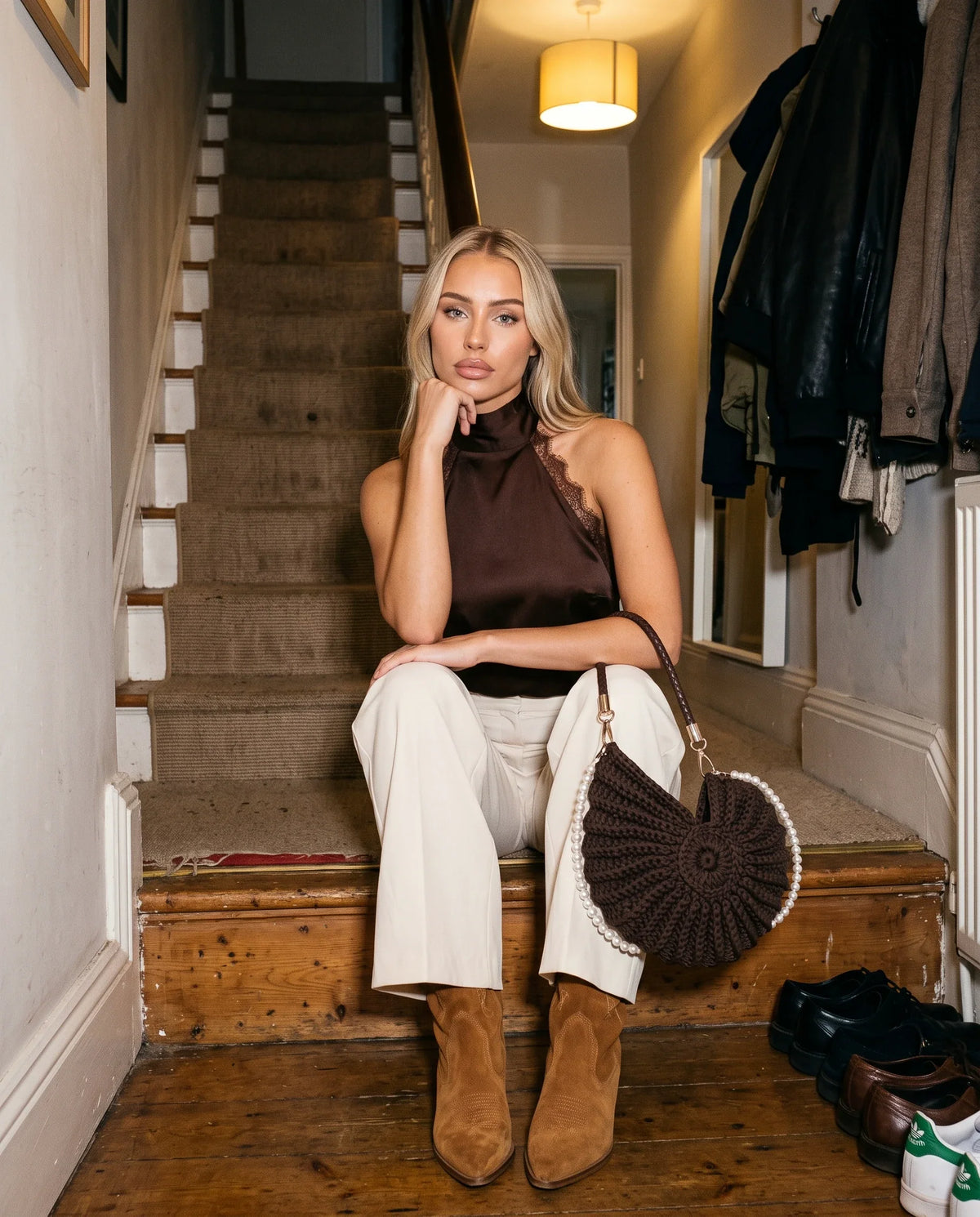 Damen Häkeltasche in Muschelform mit Geflochtenem Griff und Kette – Ansicht 12