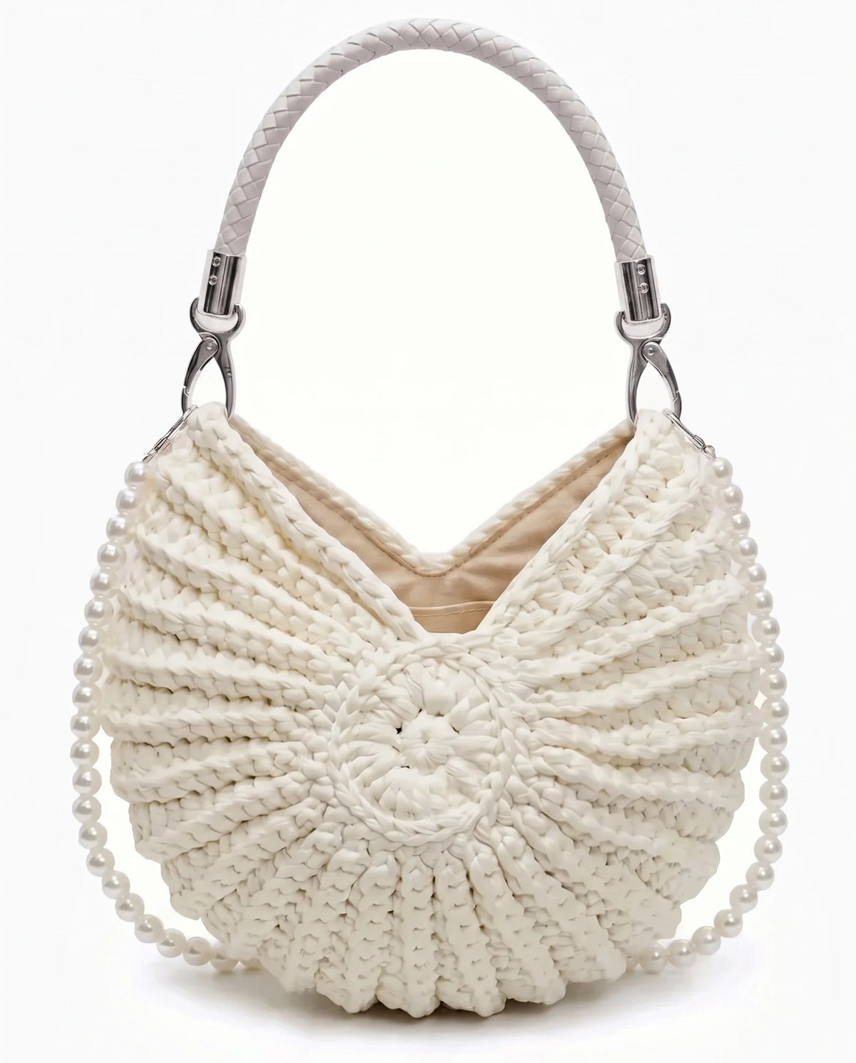 Damen Häkeltasche in Muschelform mit Geflochtenem Griff und Kette – Ansicht 17