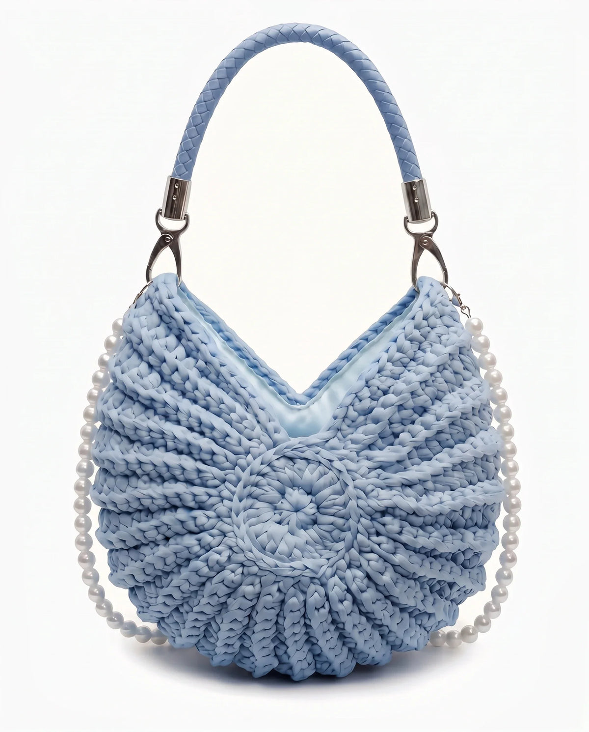 Damen Häkeltasche in Muschelform mit Geflochtenem Griff und Kette – Ansicht 5