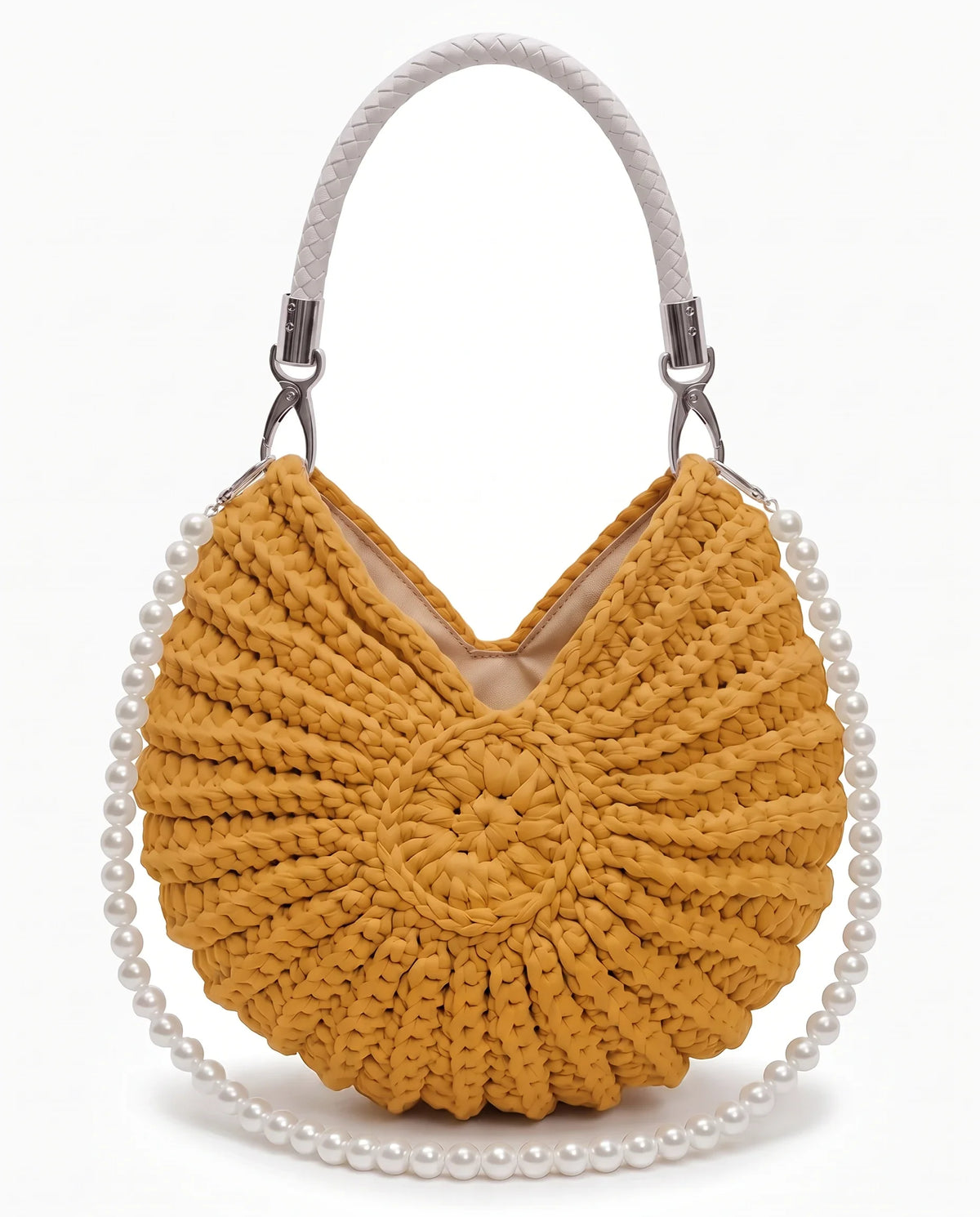 Damen Häkeltasche in Muschelform mit Geflochtenem Griff und Kette – Ansicht 8