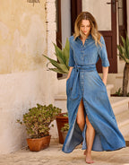 Damen Jeanskleid Maxi mit durchgehender Knopfleiste und Gürtel Ansicht 3