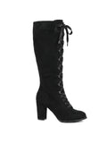 Damen Kniestiefel mit durchgehender Schnürung in Schwarz, Seitenansicht