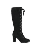 Damen Kniestiefel mit durchgehender Schnürung in Schwarz, Seitenansicht