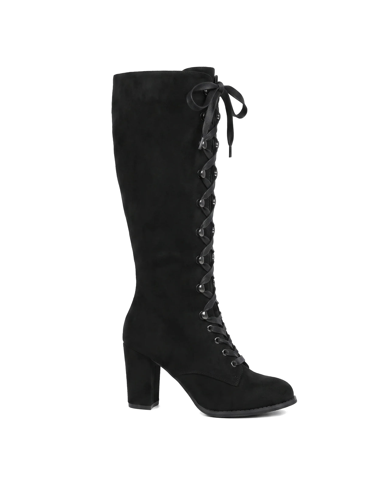 Damen Kniestiefel mit durchgehender Schnürung in Schwarz, Seitenansicht