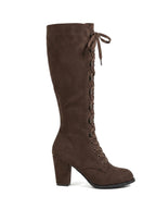 Damen Kniestiefel mit durchgehender Schnürung in Braun, Seitenansicht