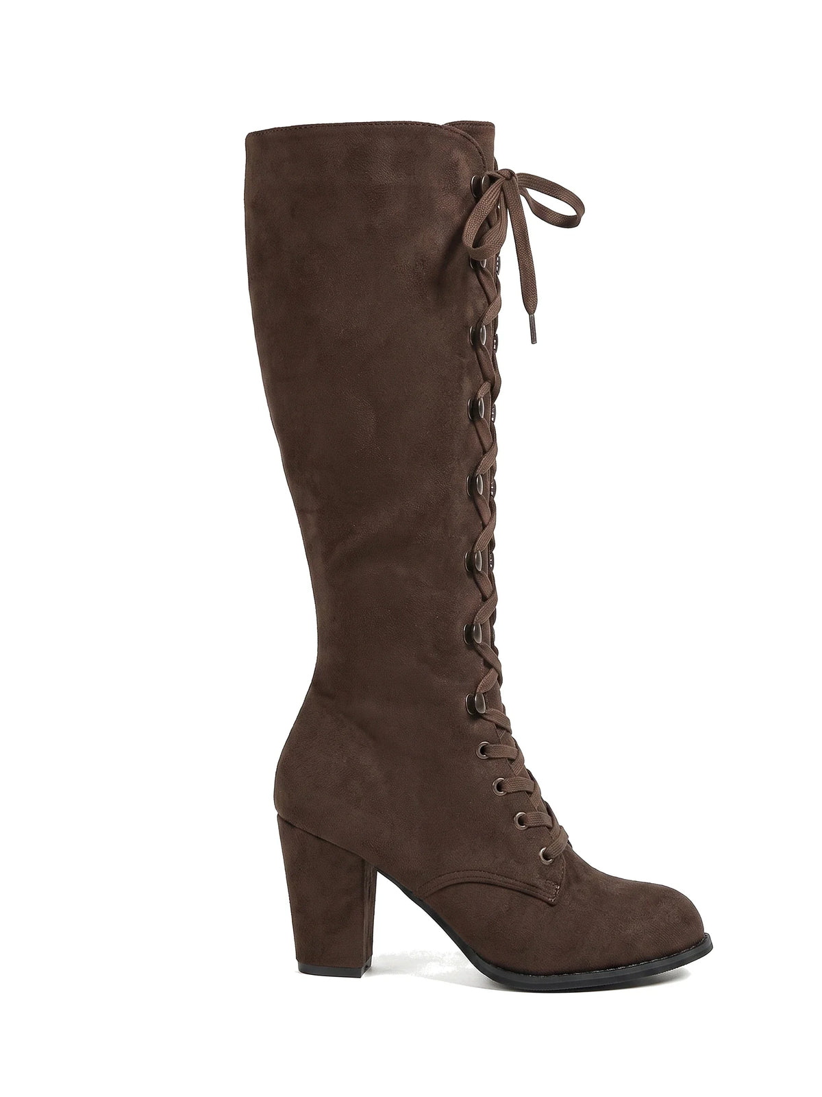 Damen Kniestiefel mit durchgehender Schnürung in Braun, Seitenansicht