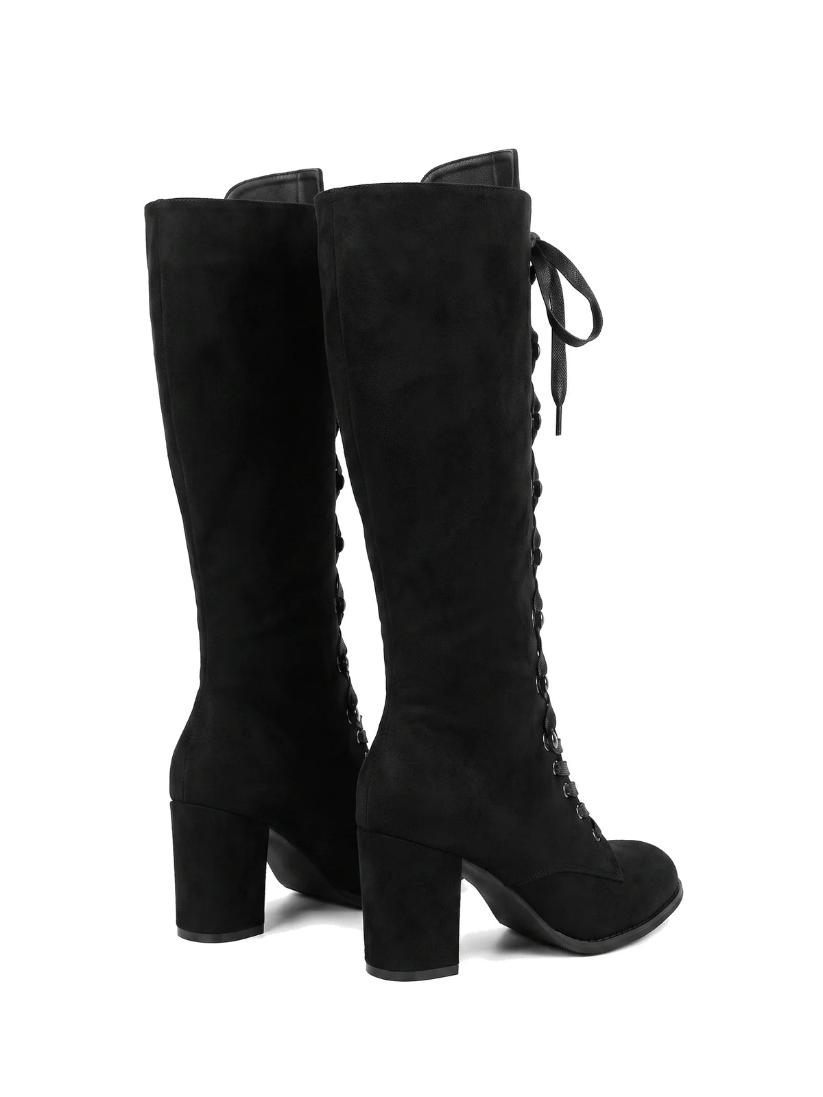 Paar Damen Kniestiefel in Schwarz, Ansicht von hinten schräg