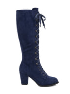 Damen Kniestiefel mit durchgehender Schnürung in Marineblau, Seitenansicht