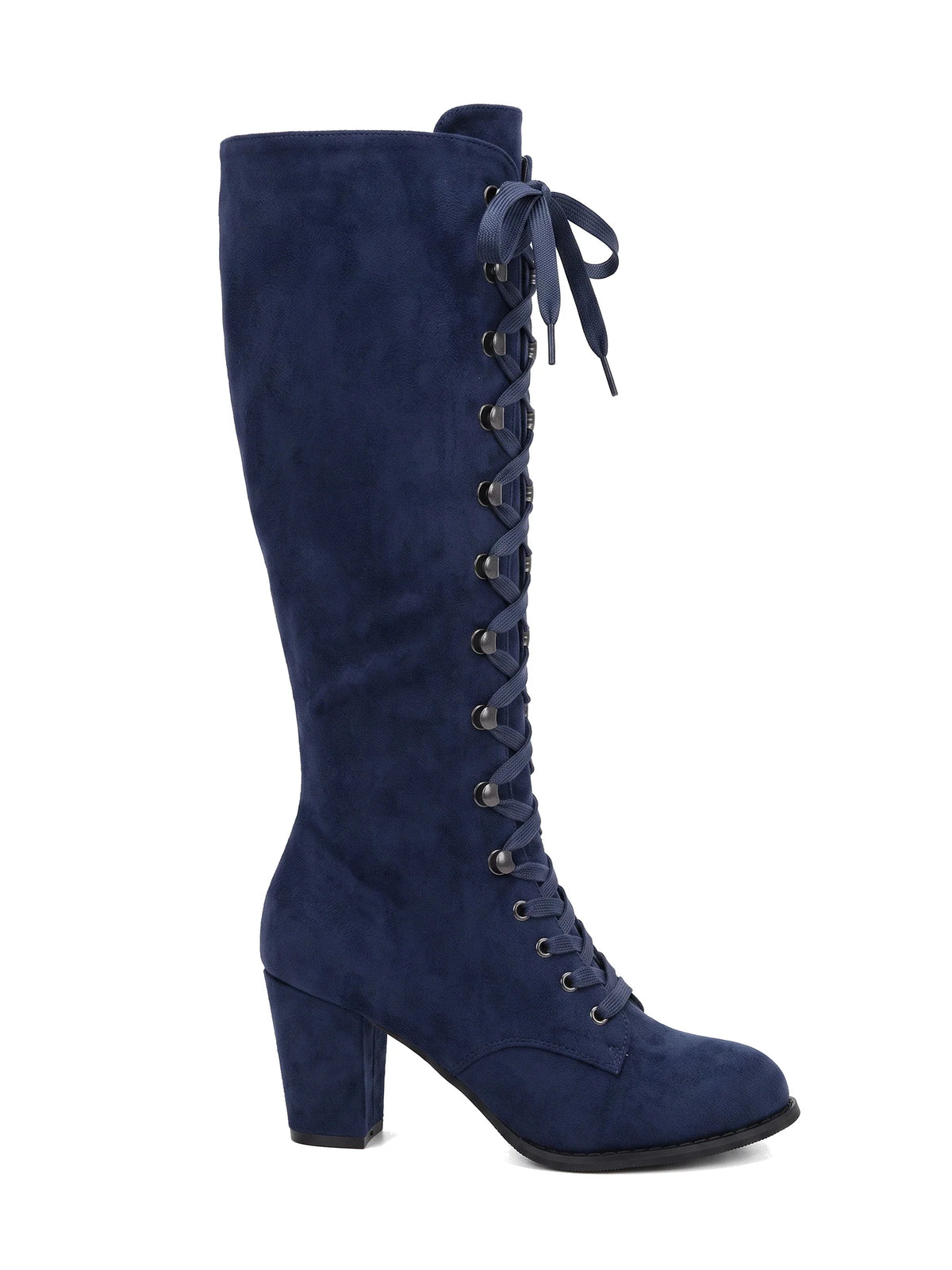 Damen Kniestiefel mit durchgehender Schnürung in Marineblau, Seitenansicht