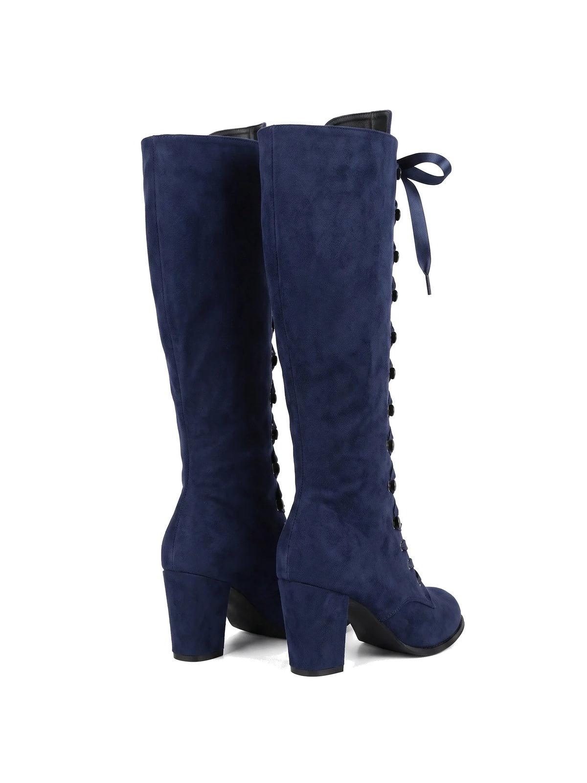Paar Damen Kniestiefel in Marineblau, Ansicht von hinten schräg