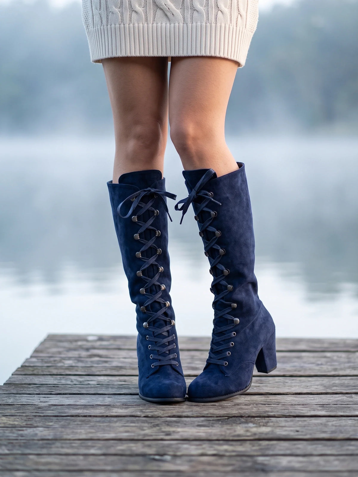 Damen Kniestiefel in Marineblau, getragen auf einem Holzsteg