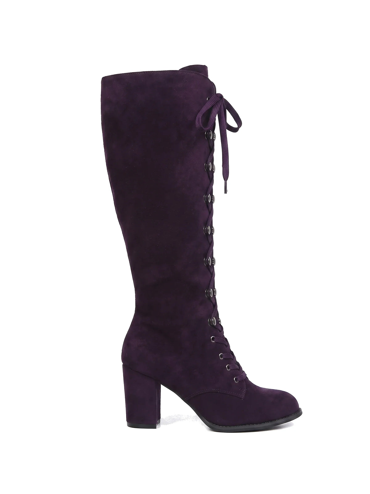 Damen Kniestiefel mit durchgehender Schnürung in Aubergine, Seitenansicht