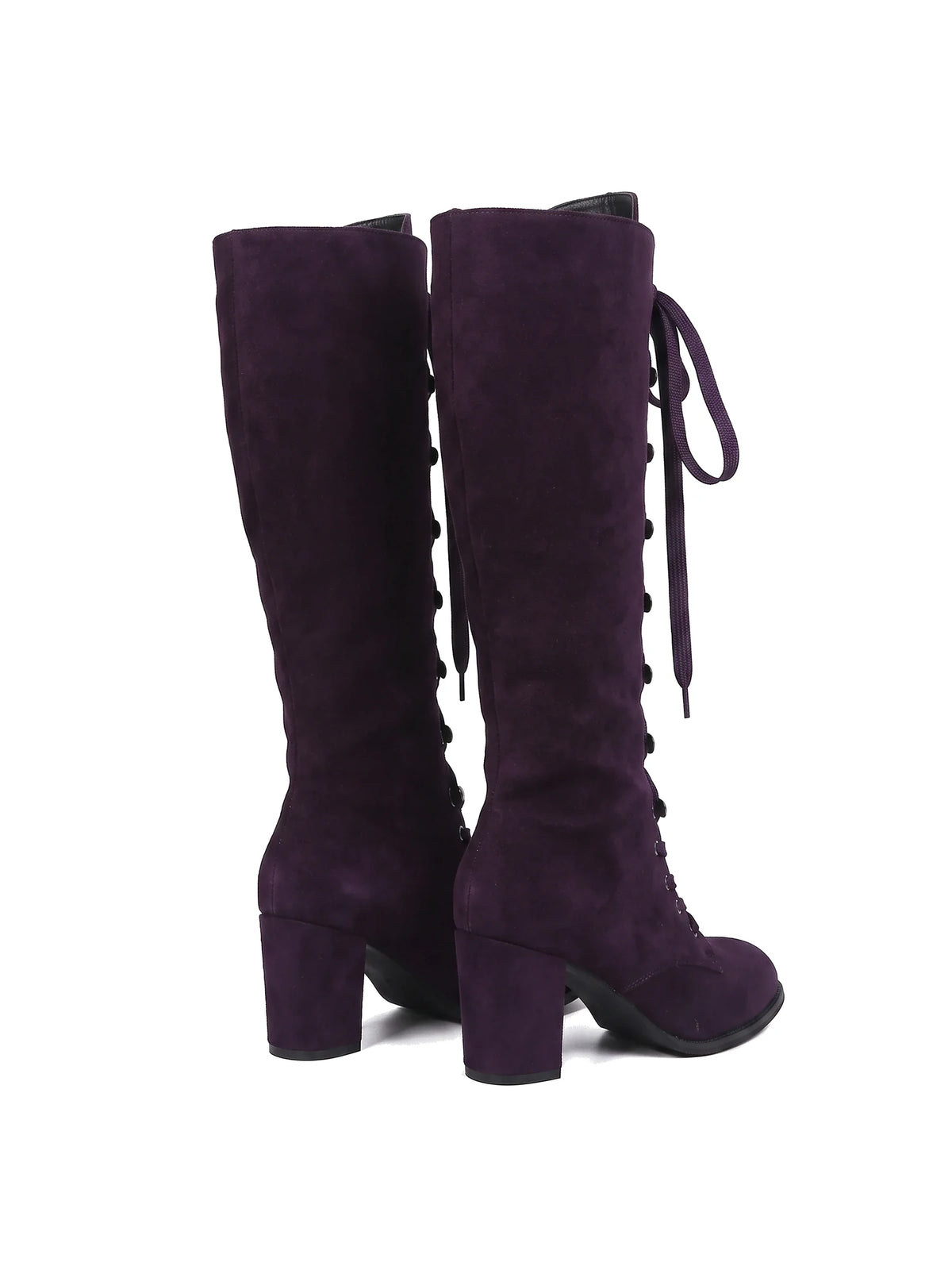 Paar Damen Kniestiefel in Aubergine, Ansicht von hinten schräg