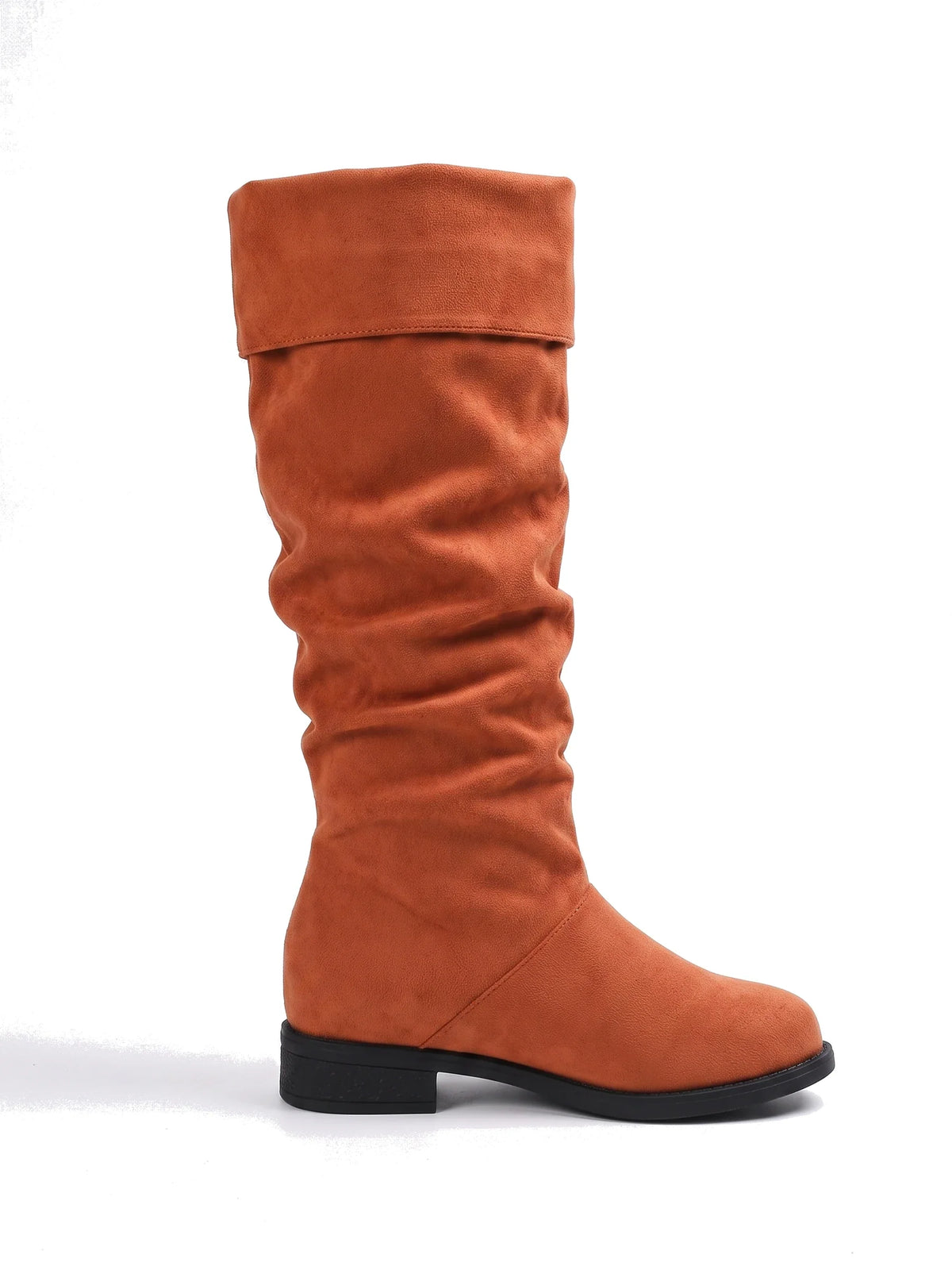 Damen Kniestiefel mit gerafftem Schaft in Ziegelrot, Seitenansicht