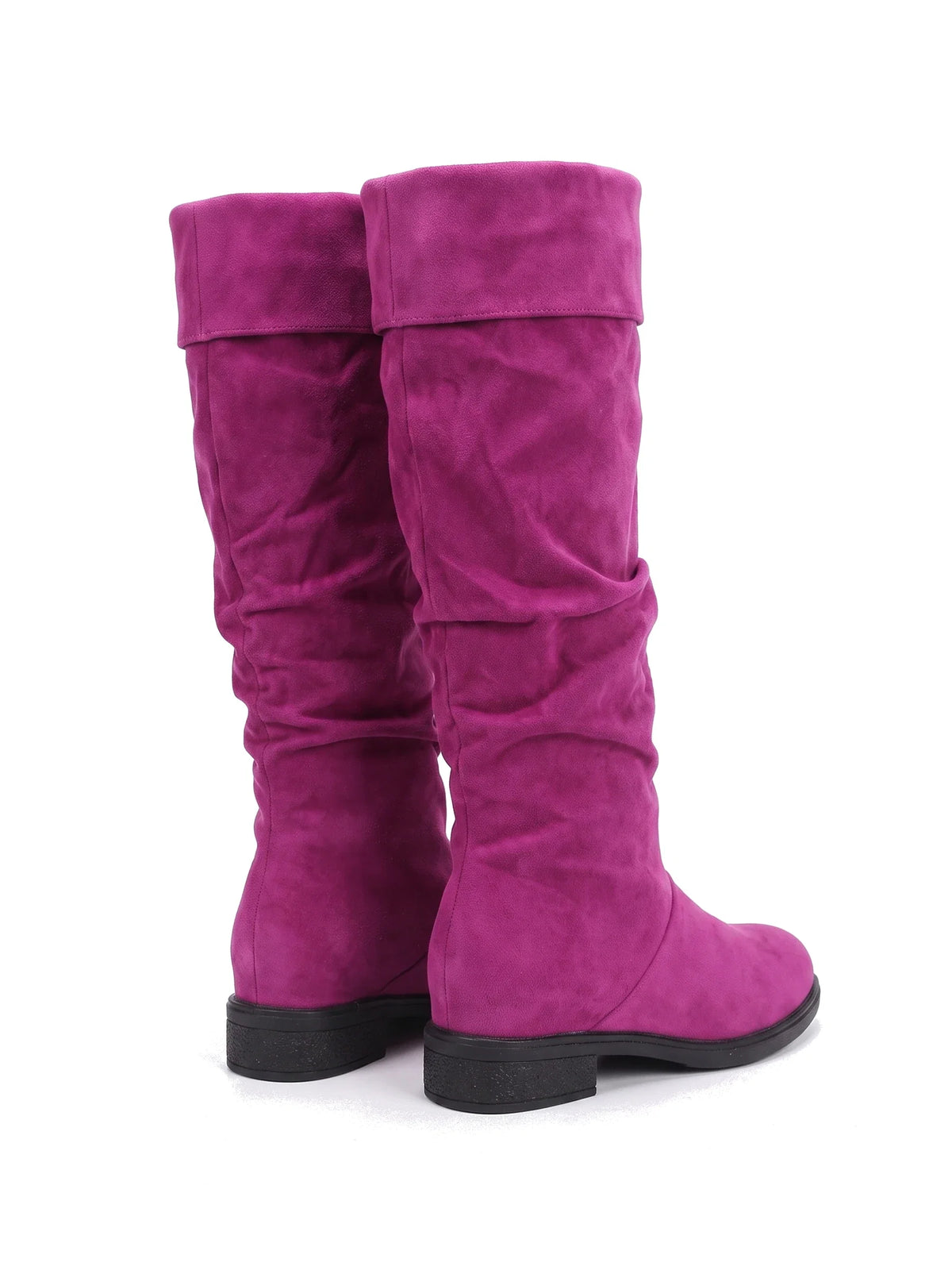 Paar Damen Kniestiefel in Fuchsia, Ansicht von hinten schräg