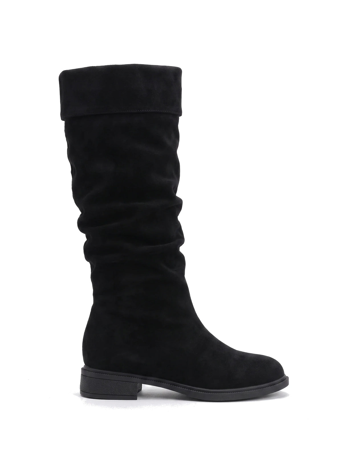 Damen Kniestiefel mit gerafftem Schaft in Schwarz, Seitenansicht