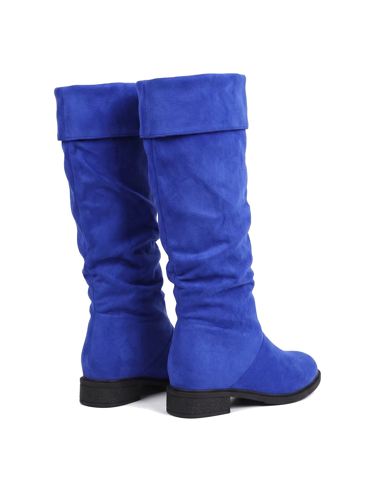 Paar Damen Kniestiefel in Kobaltblau, Ansicht von hinten schräg