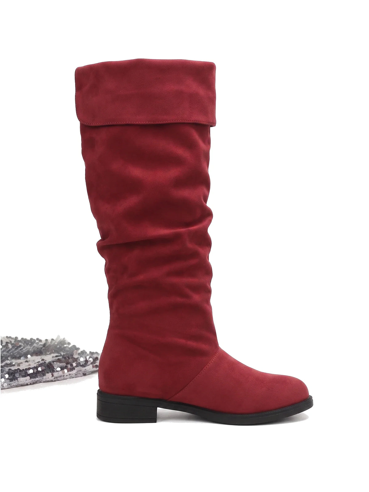 Damen Kniestiefel mit gerafftem Schaft in Rot, Seitenansicht