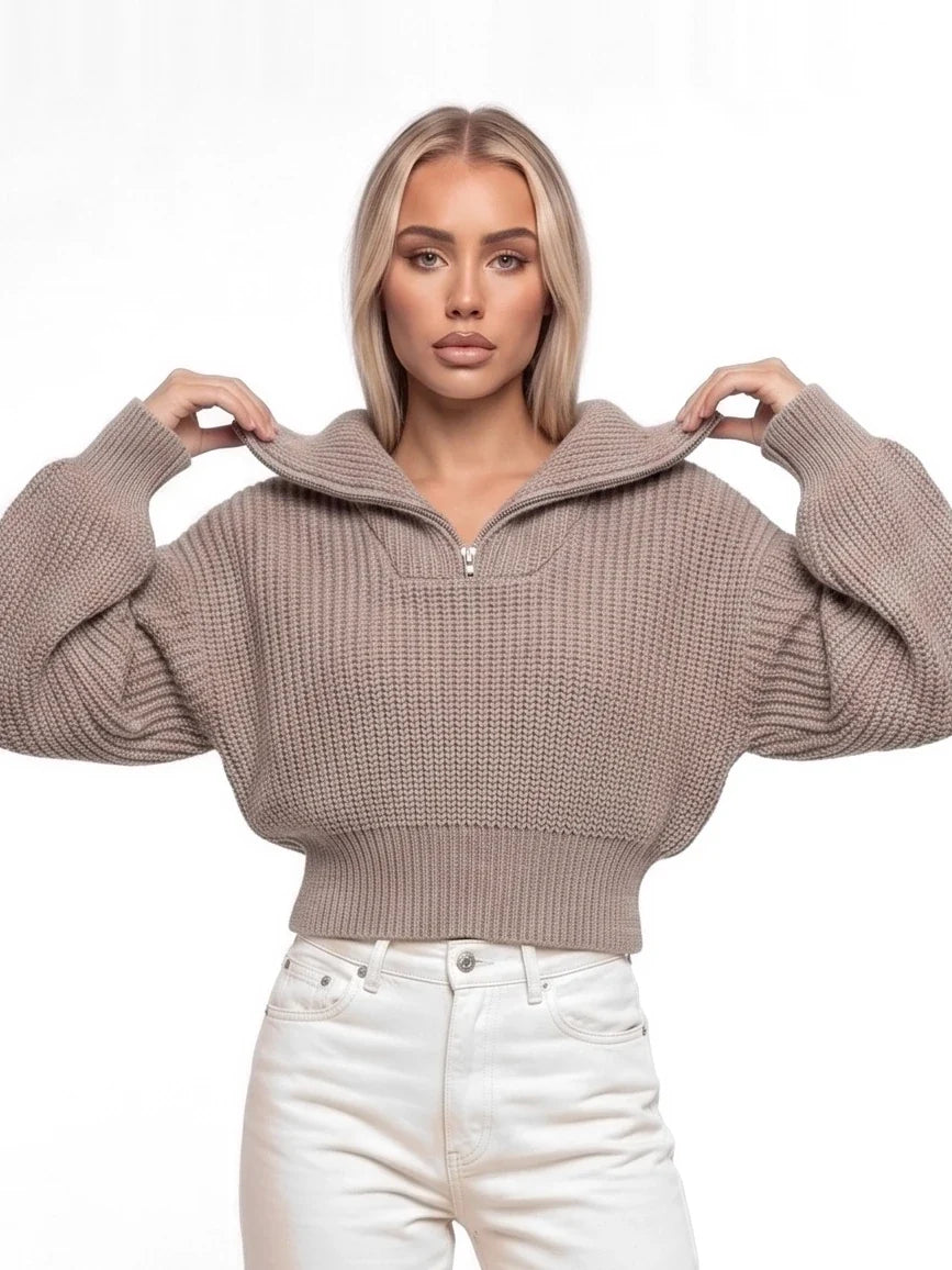 Damen Kurzer Ripppullover mit Breitem Kragen und Reißverschluss