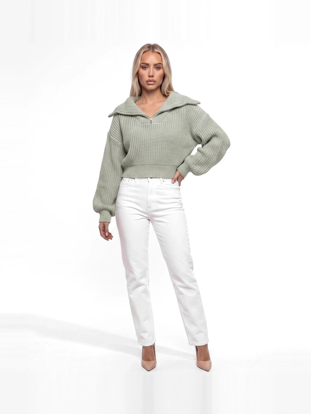 Damen Kurzer Ripppullover mit Breitem Kragen und Reißverschluss – Ansicht 11