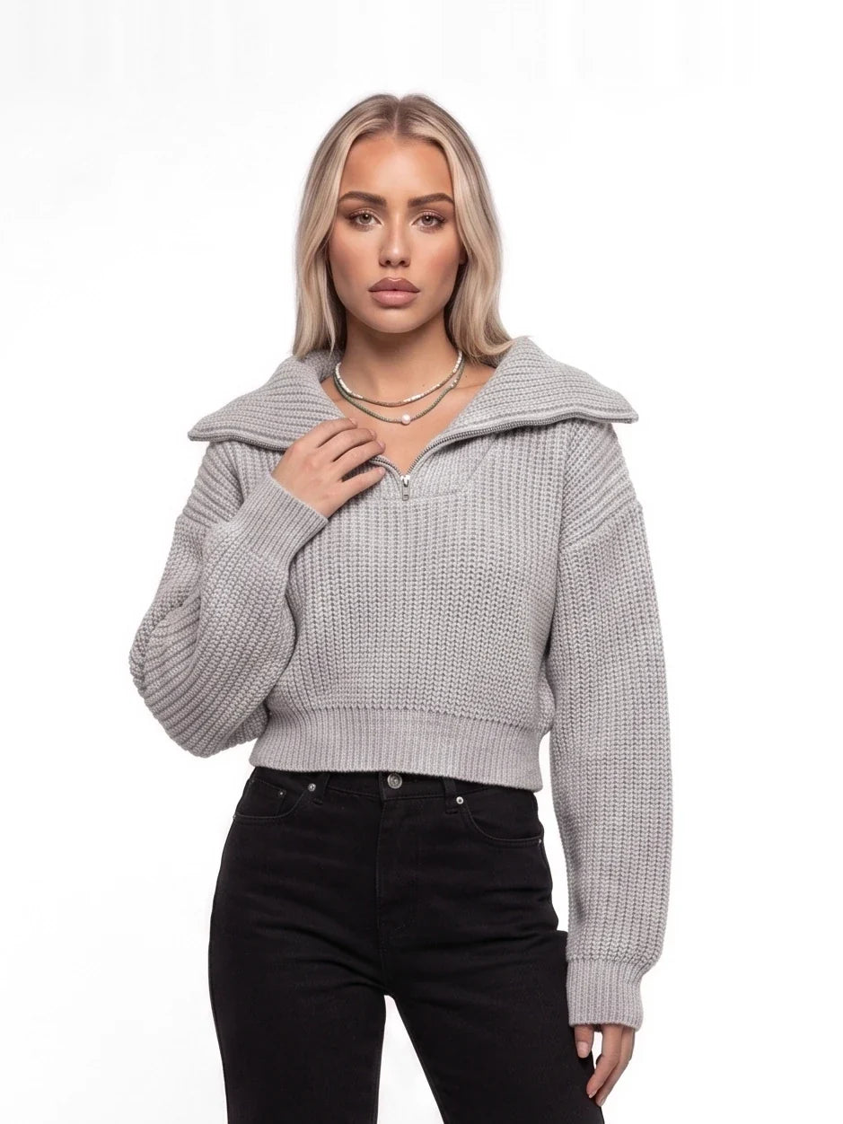 Damen Kurzer Ripppullover mit Breitem Kragen und Reißverschluss – Ansicht 3