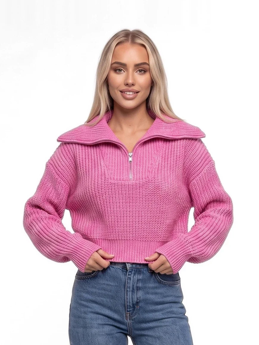 Damen Kurzer Ripppullover mit Breitem Kragen und Reißverschluss – Ansicht 6