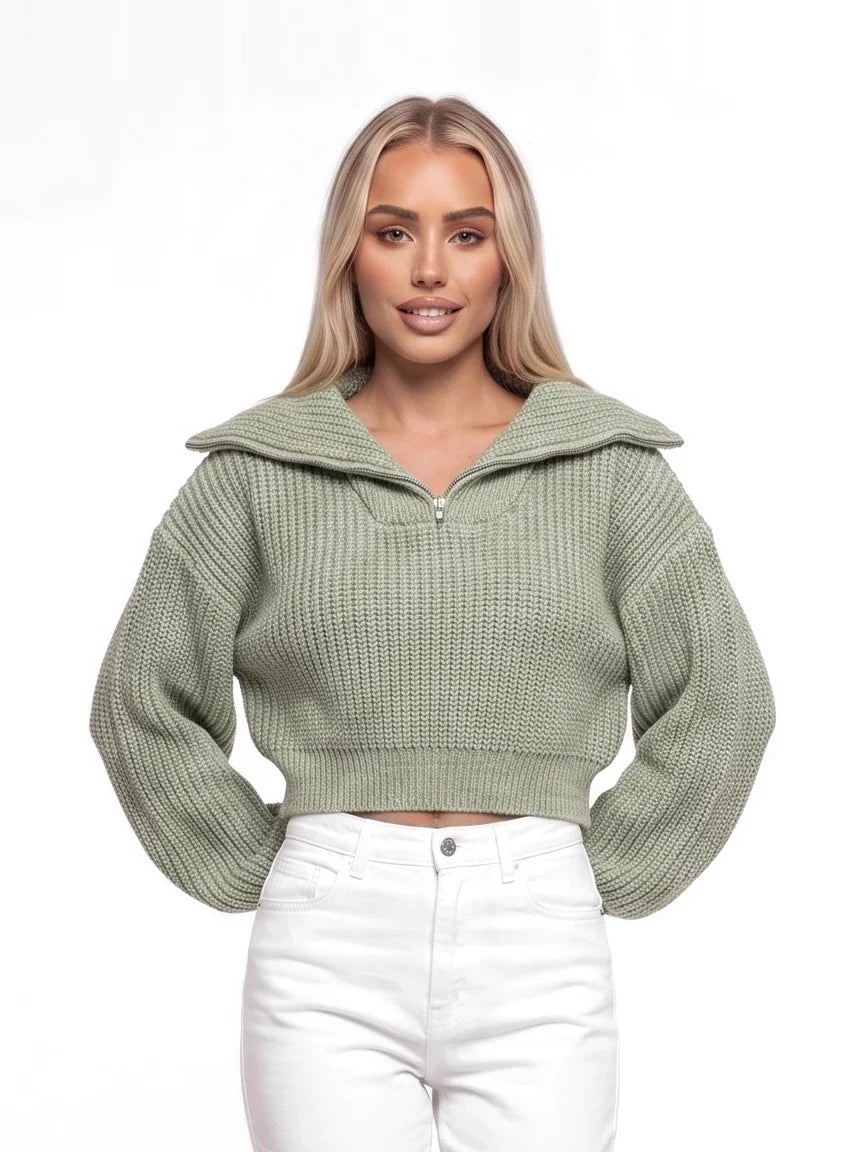 Damen Kurzer Ripppullover mit Breitem Kragen und Reißverschluss – Ansicht 9