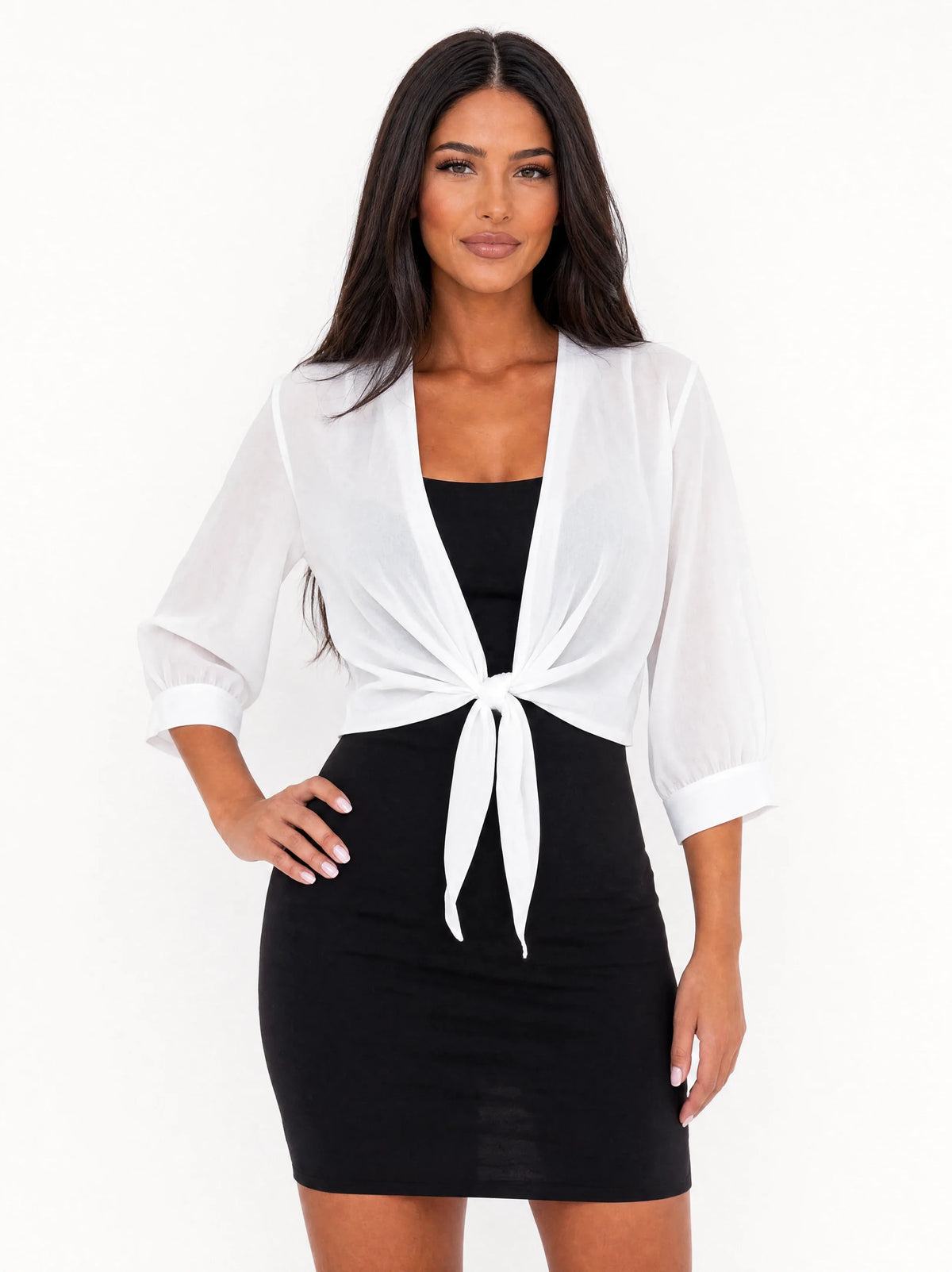 Damen Kurzes Bolero zum Binden mit 3/4-Ärmeln und V-Ausschnitt