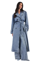 Damen Langer Denim Trenchcoat mit Gürtel und Zweireihigem Verschluss